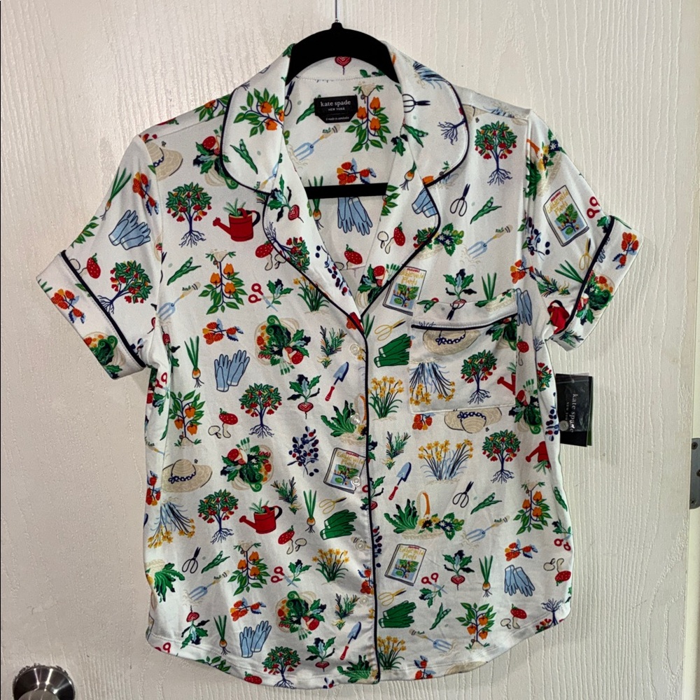 kate spade white garden print short sleeve pajama top
